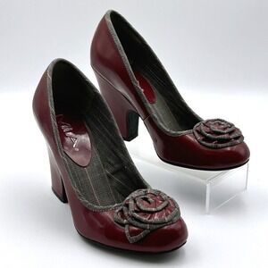 MIA Bloom Patent Pumps Womens 6 Red Burgundy Rosette Block Heel Retro Coquette